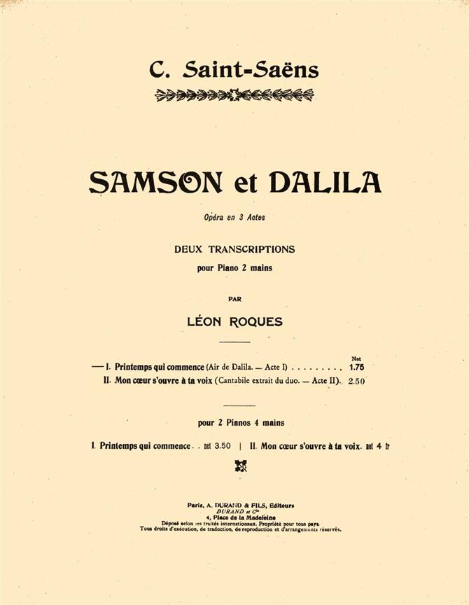 Samson Et Dalila N 6 Piano (Tr. Roques)